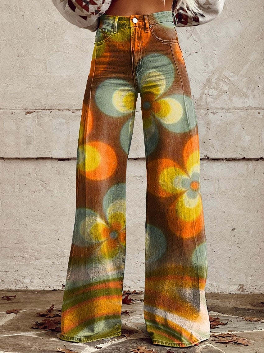 Printed High Waist Loose Thin Imitation Denim Wide Leg Pants