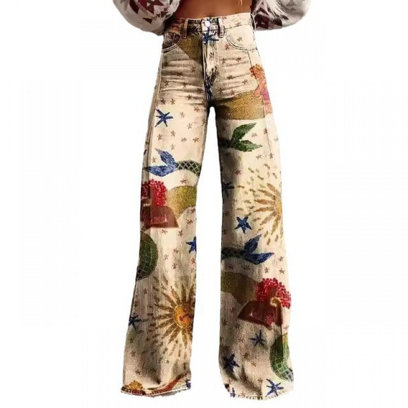 Printed High Waist Loose Thin Imitation Denim Wide Leg Pants