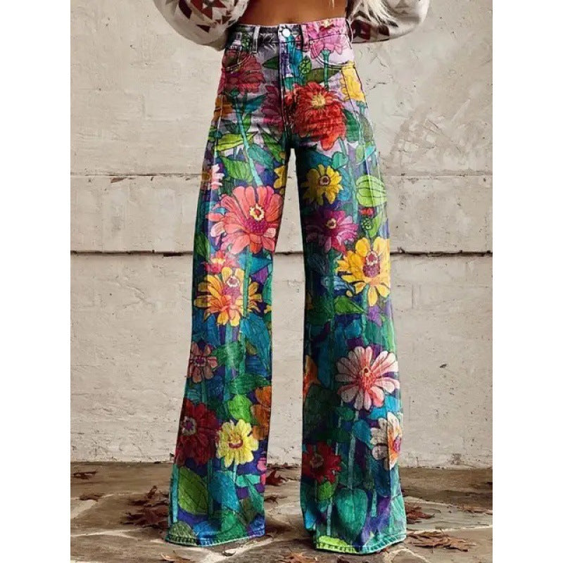 Printed High Waist Loose Thin Imitation Denim Wide Leg Pants