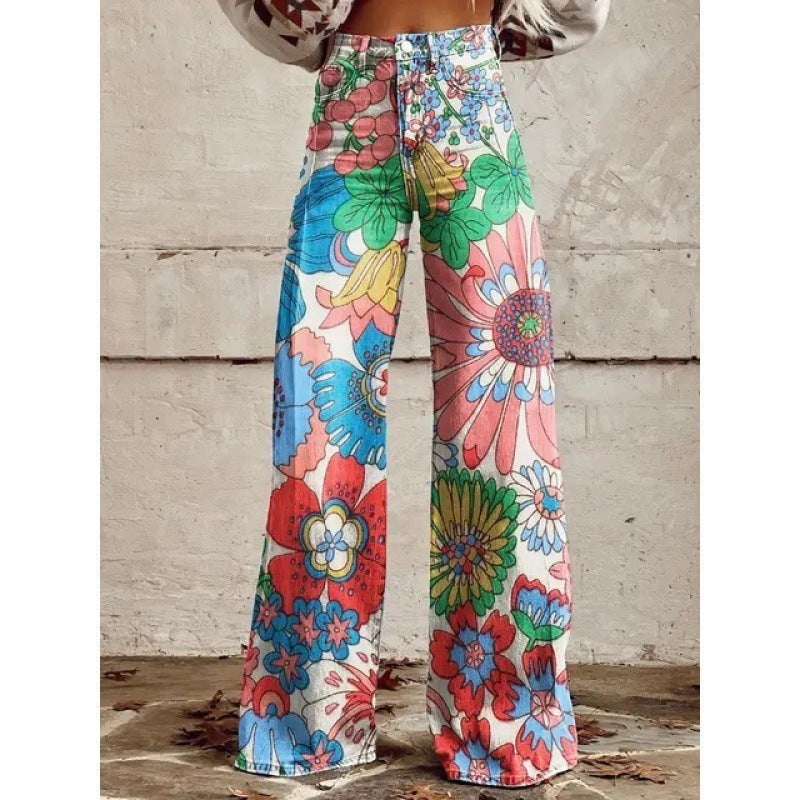 Printed High Waist Loose Thin Imitation Denim Wide Leg Pants