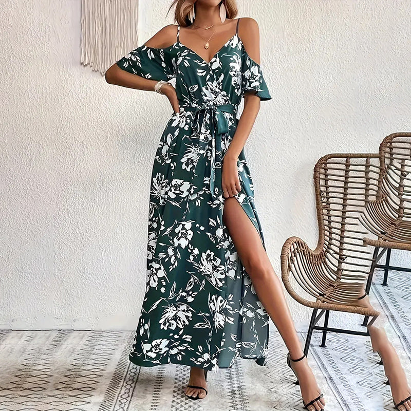 Women's Floral Maxi Dress Cold Shoulder Split Belted A Line Long Summer Dress