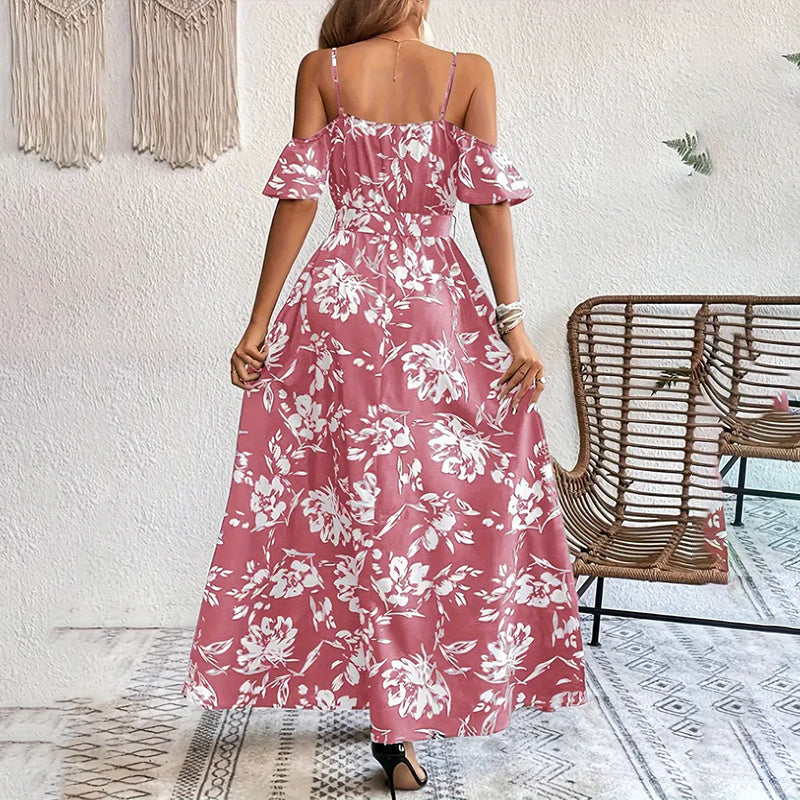 Women's Floral Maxi Dress Cold Shoulder Split Belted A Line Long Summer Dress