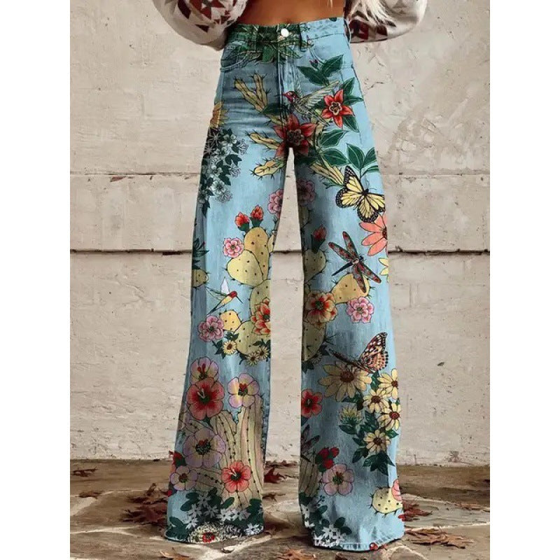 Printed High Waist Loose Thin Imitation Denim Wide Leg Pants