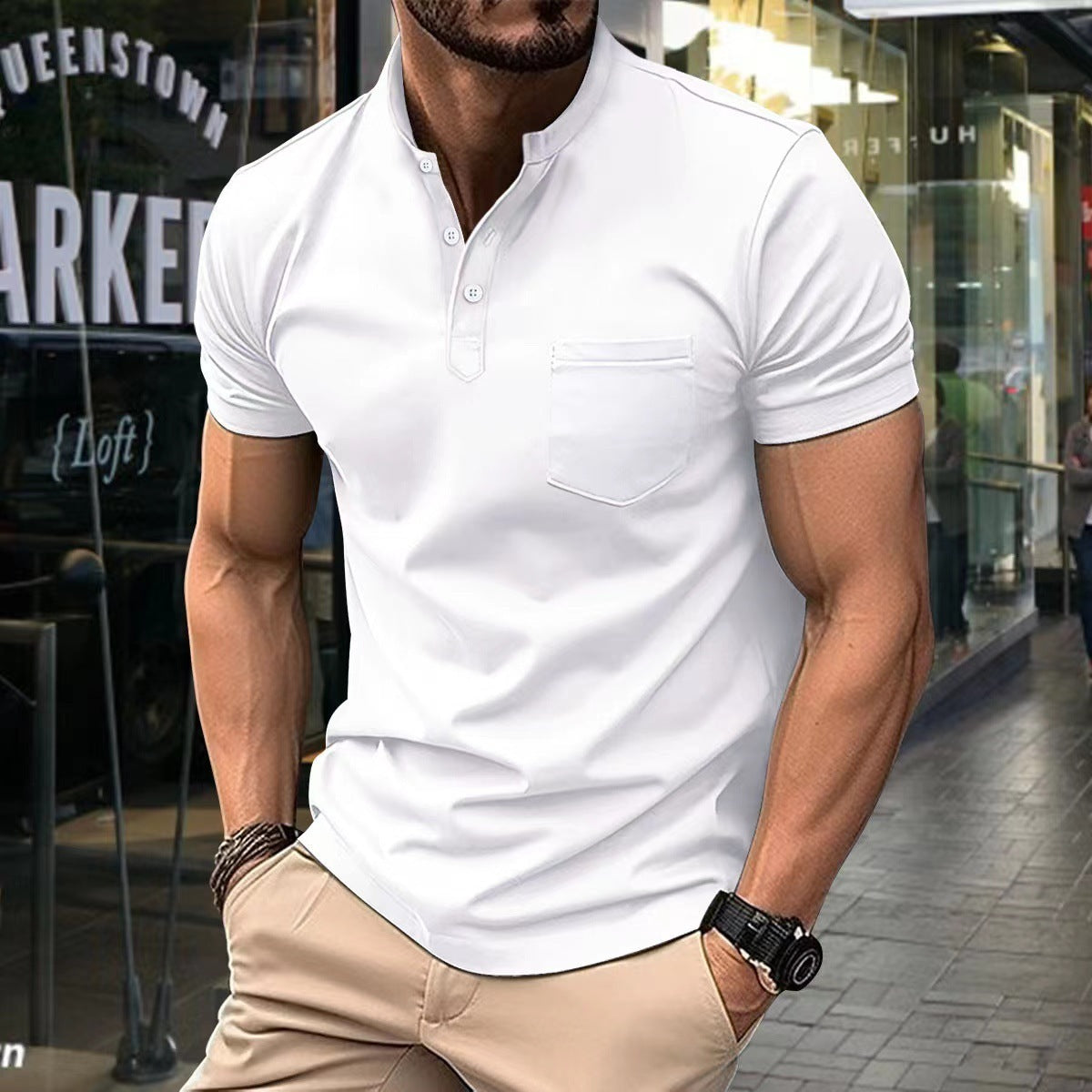 Summer V-neck Polo Shirt Button Short-sleeved Tops