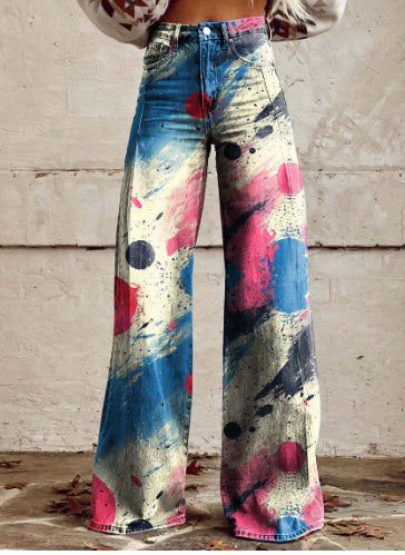 Printed High Waist Loose Thin Imitation Denim Wide Leg Pants