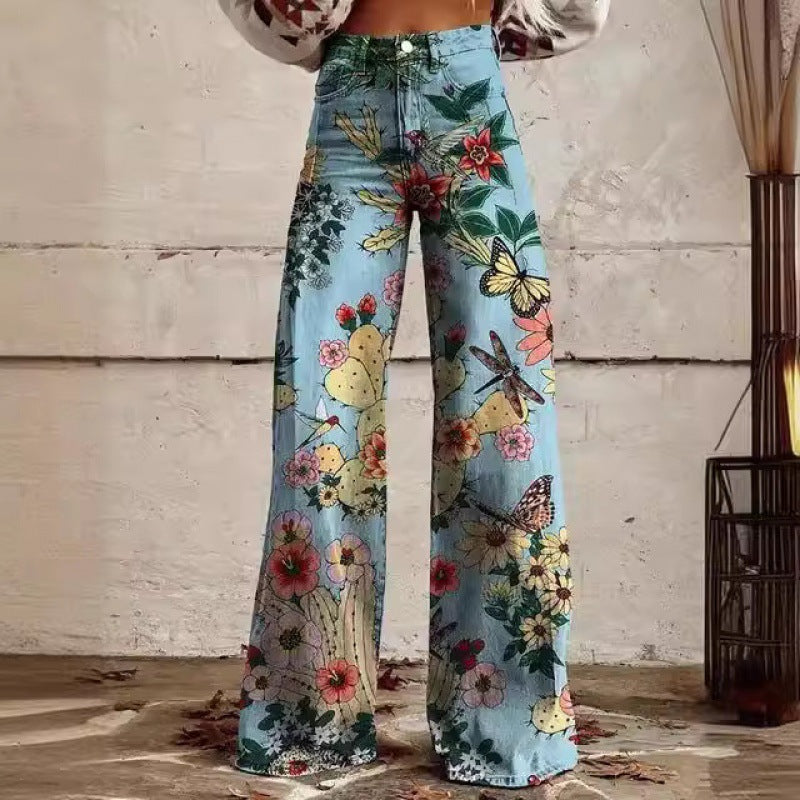 Printed High Waist Loose Thin Imitation Denim Wide Leg Pants