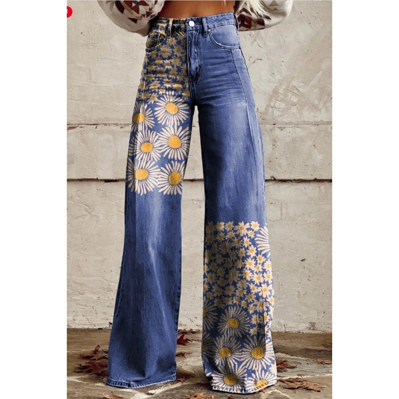 Printed High Waist Loose Thin Imitation Denim Wide Leg Pants