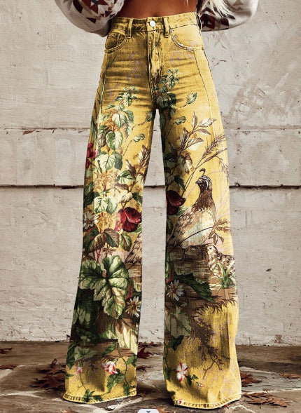 Printed High Waist Loose Thin Imitation Denim Wide Leg Pants