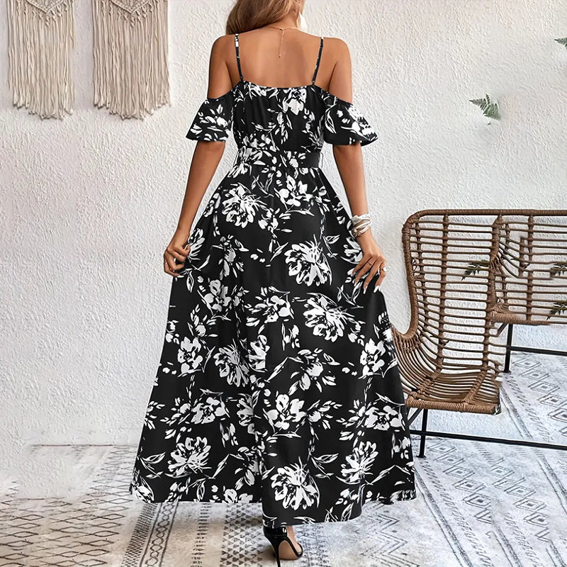 Women's Floral Maxi Dress Cold Shoulder Split Belted A Line Long Summer Dress